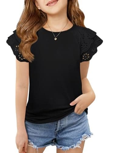 Haloumoning Girls Ruffle Sleeve T Shirts Summer Short Sleeve Casual Cute Crewneck Tops Tees 5-14 Years Black