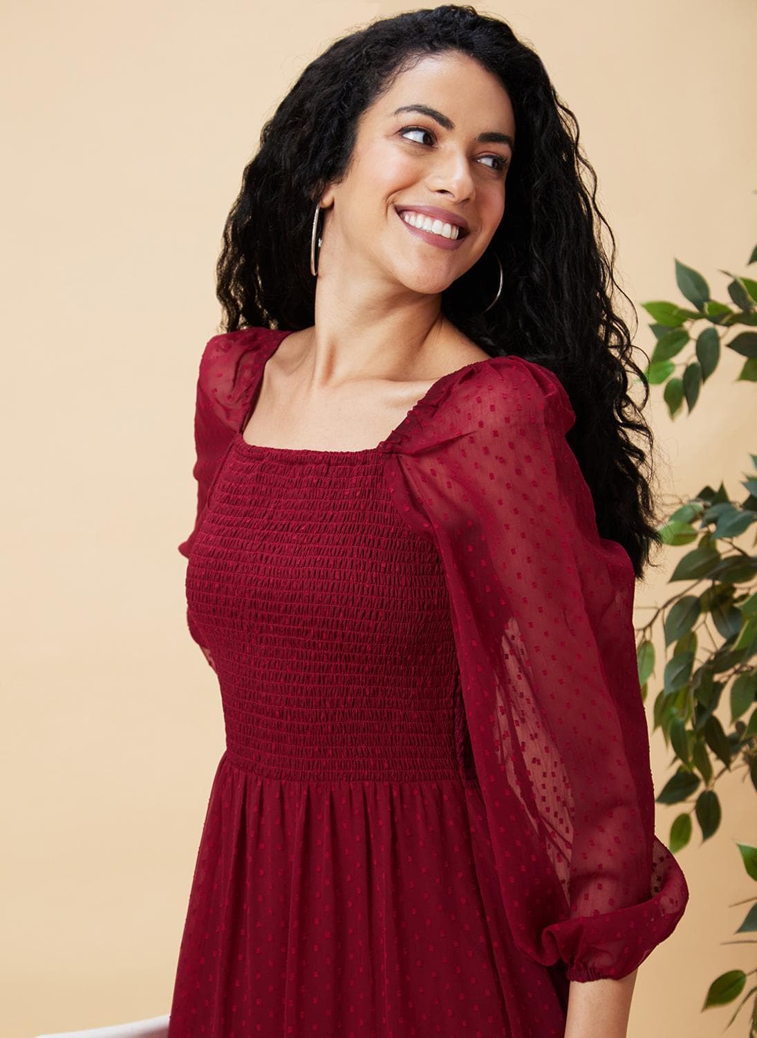 Globus Women Smocked Tiered Fit & Flare Maxi Dress