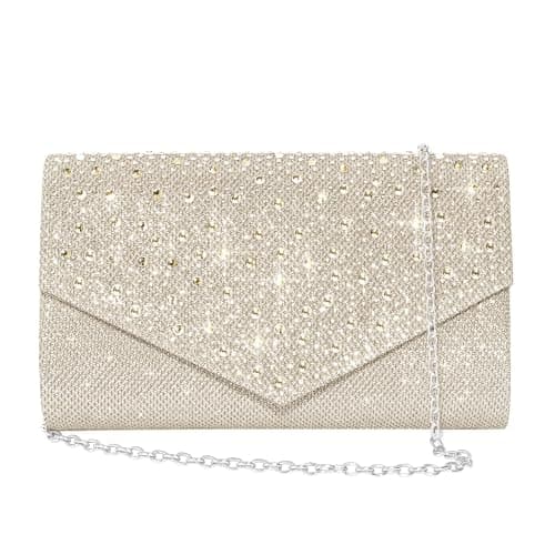 CurvChic Clutch Purses for Women Evening Bag Rhinestone Handbag Party Wedding Bridal Prom Purse Crossbody Shoulder Bag (Champagne)