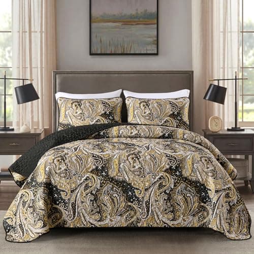 DJY Black Paisley Quilt Set Queen Black and Gold Boho Bedspread Coverlet Set 3 Pieces, Soft Lightweight Microfiber Paisley Floral Pattern Bedding for All Season, 96"x90"