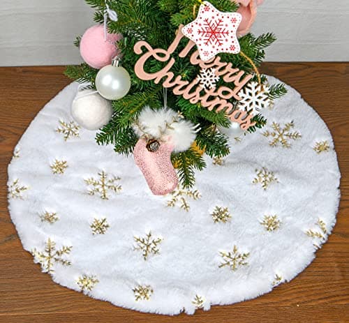 Faux Fur Christmas Tree Skirt,24 inches Luxury Tree Skirt with Gold Snowflake Sequin, Christmas Decorations Holiday Thick Plush Tree Xmas Ornaments(White and Gold,24 Inch)