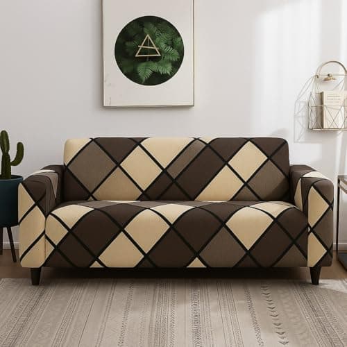 Outlay Home Gorgeous Printed | Fully Covered, Stretchable & Non-Slip Elastic Slipcover Protector Sofa Cover (Brown Check, 3 Seater - Sofa Cover)
