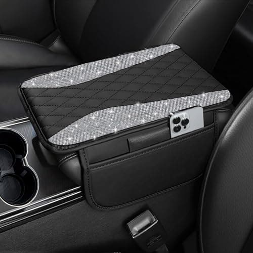 NBTEPEM Bling Car Center Console Cover, Leather Middle Console Cover with 2 Storage Bags, Universal Arm Rest Cover Protector, Bling Car Accessories Interior Fit for Most Vehicles, Silver Diamond
