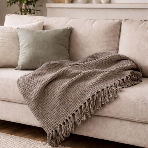 The Furnishers Reversible Premium Taupe Basket Acrylic Throw Blanket 50x60 Inch | Woven Throw for Living Room, Bedroom, Sofa, Couch, Bed & Chair - Size 150x125 CM