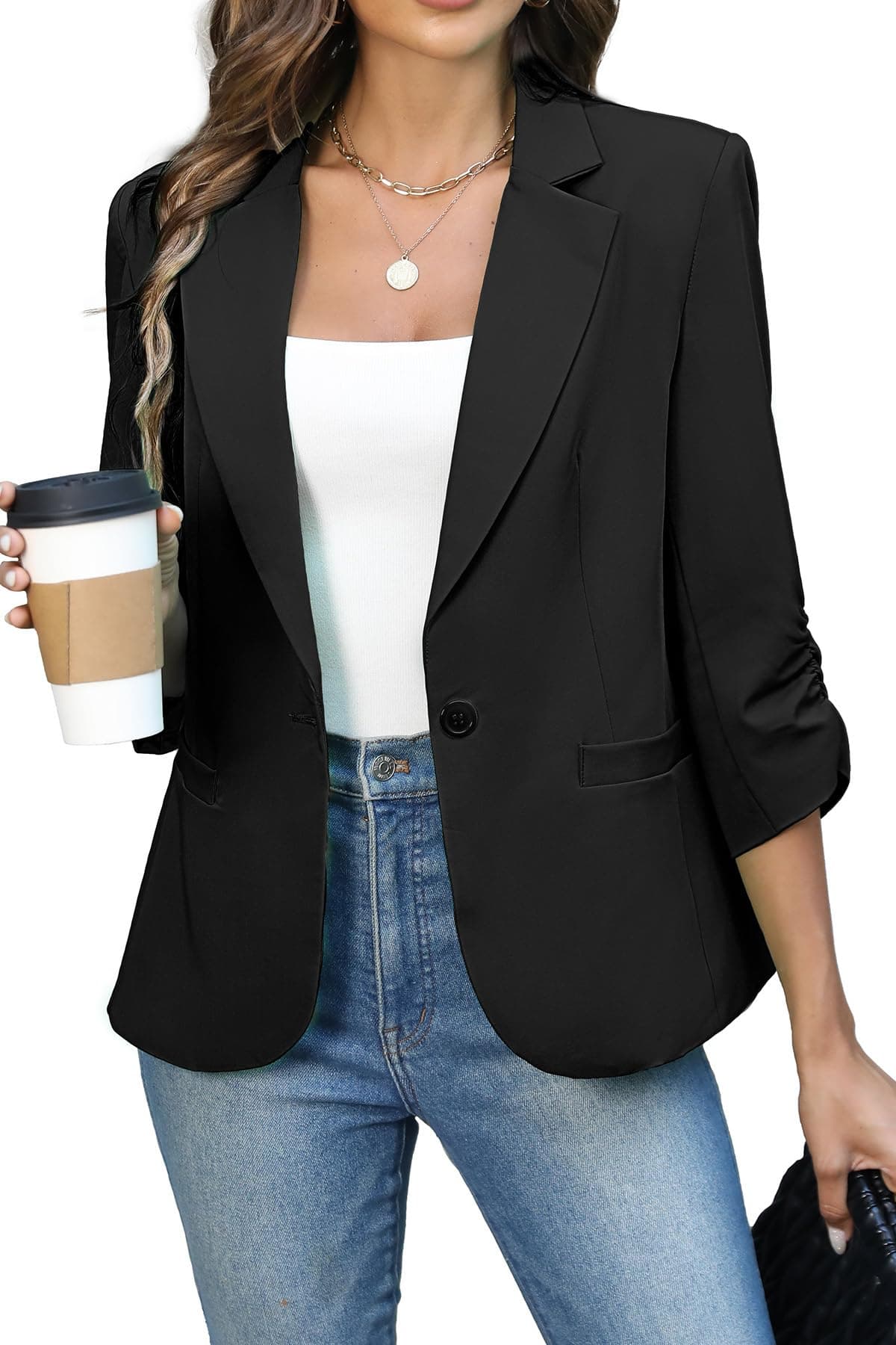ELLEVEN Womens Blazer Business Casual Suit Jacket Slim Fit Fitted Ruched 3/4 Sleeve Petite Crop Blazer Dressy Full Lining Lightweight Outfits Coat Cardigan with Padded Shoulder Black Small