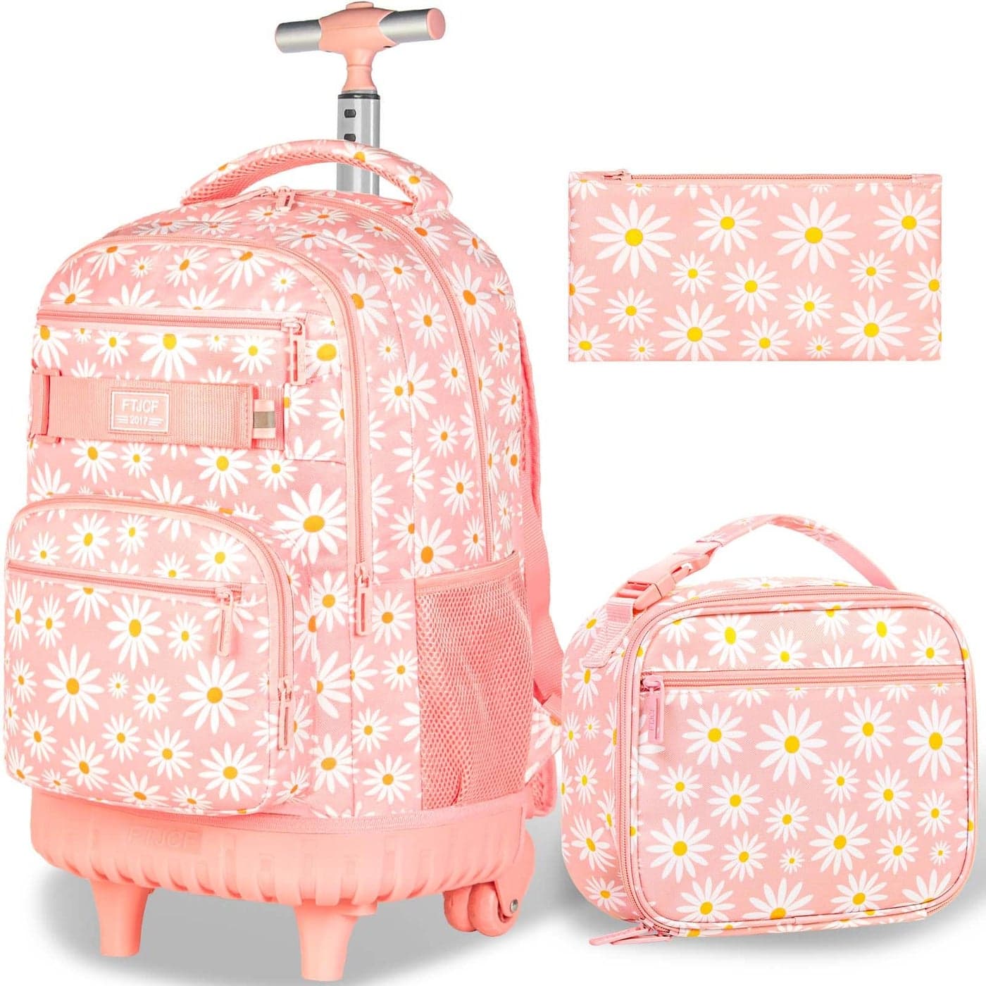 Girls Rolling Backpack Women Roller Bookbag with Lunch Box for Adults Water Resistant Wheeled School Bag for College Teens Kids Travel Pink Flower
