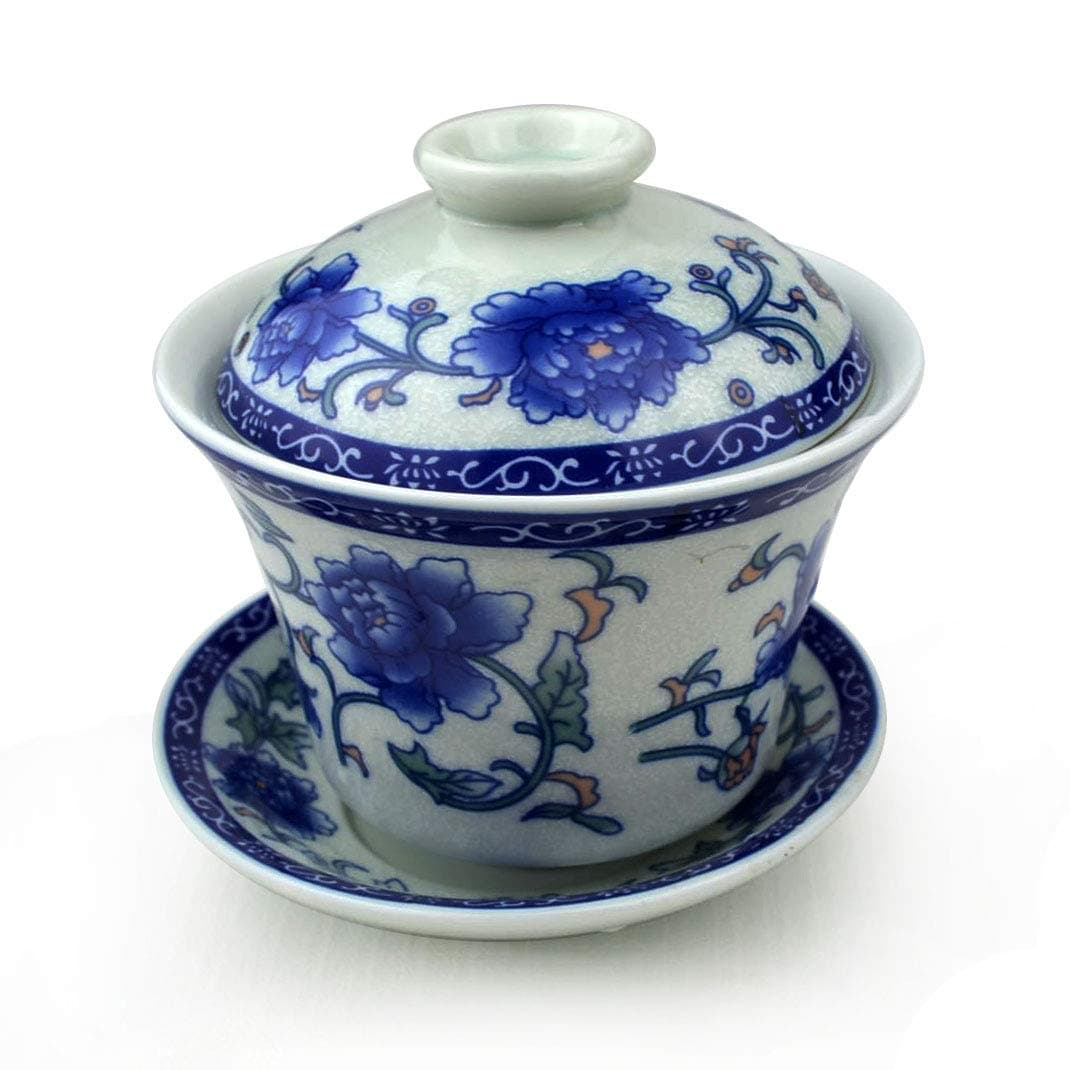 vv8oo Gaiwan 55oz Chinese Penoy Teacup Qinghua Porcelain Cup Gongfu Tea Set Peony