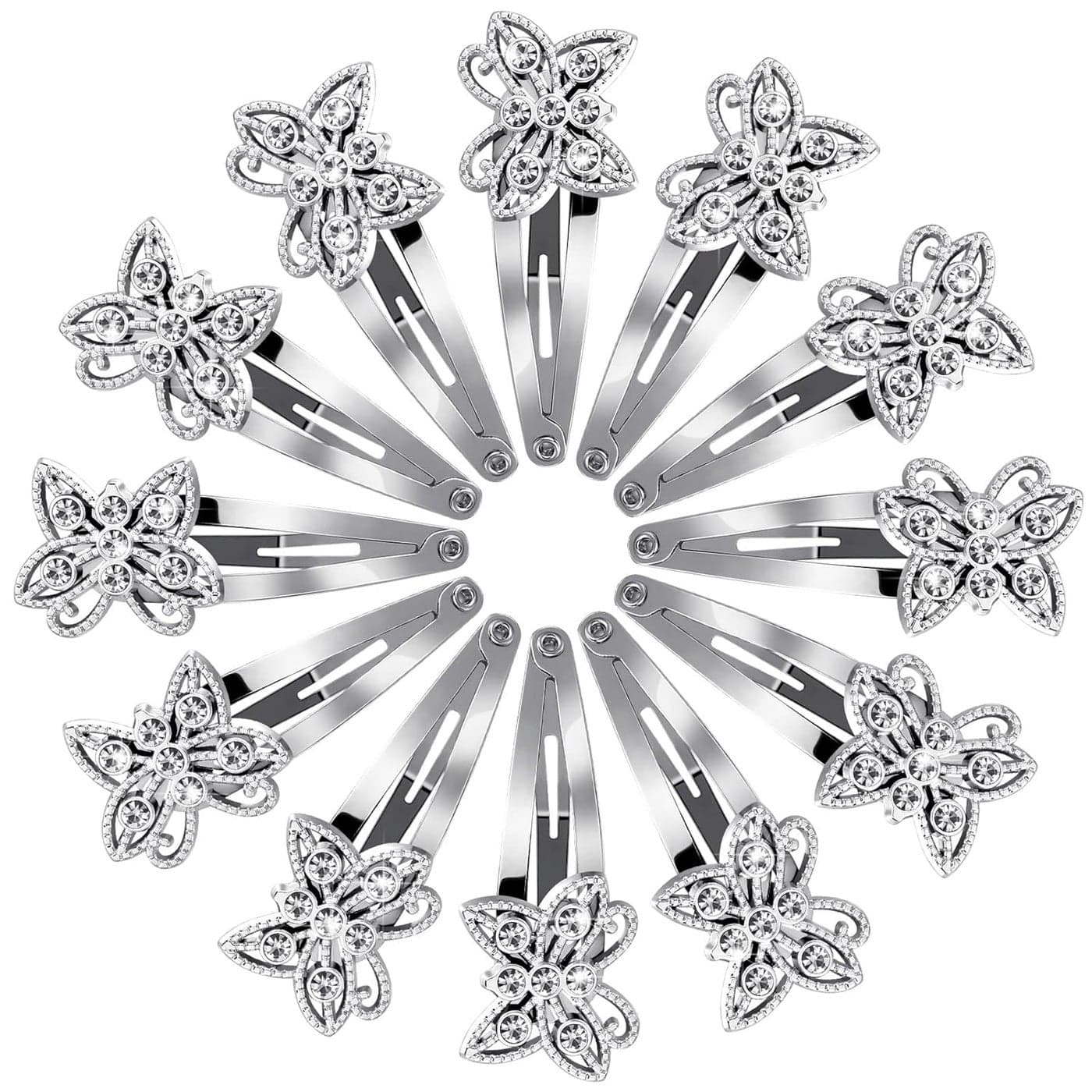 Jexine 12 Pieces Hair Clips Silver Butterfly Rhinestone Barrettes for Women Hair Snaps for Girls Shining Hair Barrette Hairpins Hair Accessories for Wedding