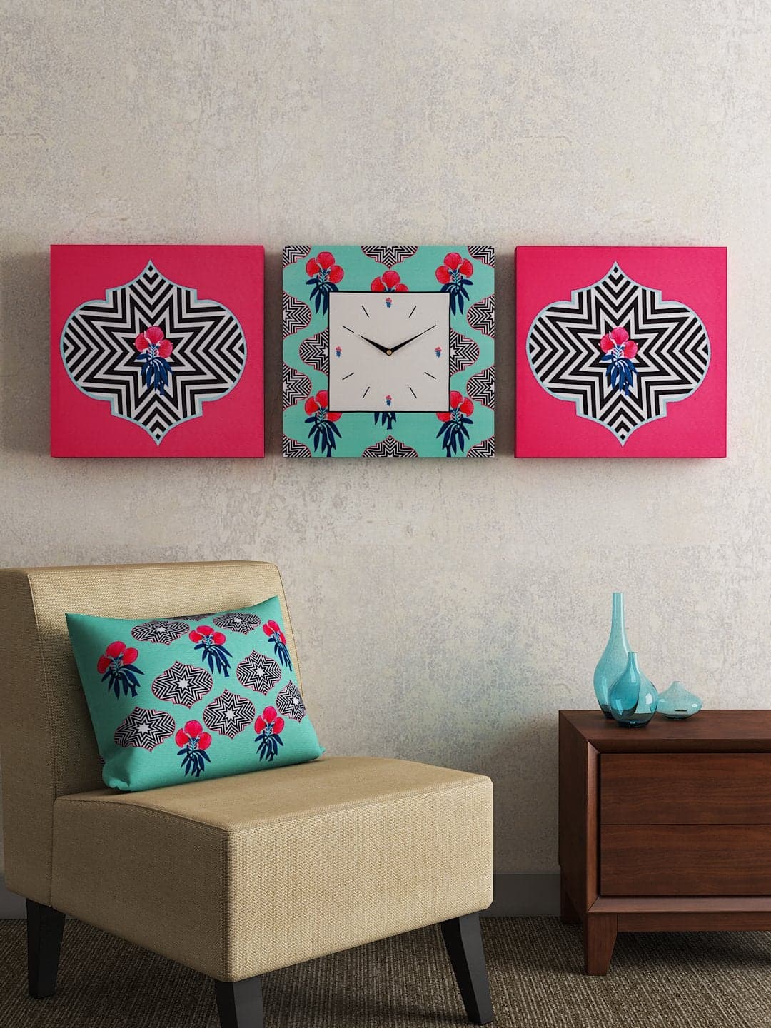 SEJ by Nisha Gupta Set of 3 Wall Art Frame | Framed Wall Art Clock Combination | Wall Art for Living Room | Wall Art for Bedroom | Wall Art for Decor | Wall Art for Decorative Items for Home & Office