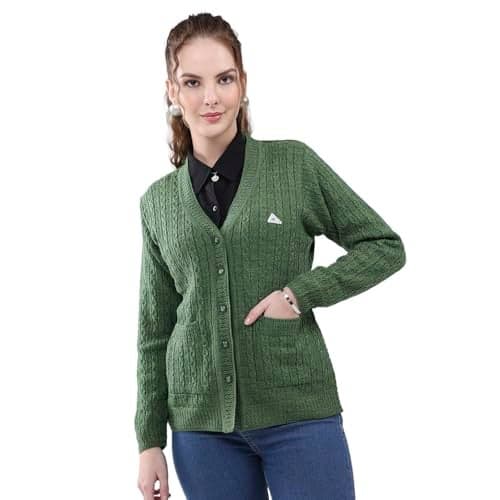 Monte Carlo Women's Regular Fit Cardigan | Self Design Pattern | Button Closure with Full Sleeves V Neck Winter Cardigan for Womens Green L (Pack Of_1)
