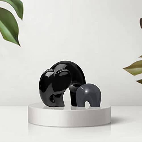 SRJANA Home Décor Lucky Charm Elephant Mother & Child | Piano Finish Ceramic Figures - (Set of 2 Piece, Black and Grey)