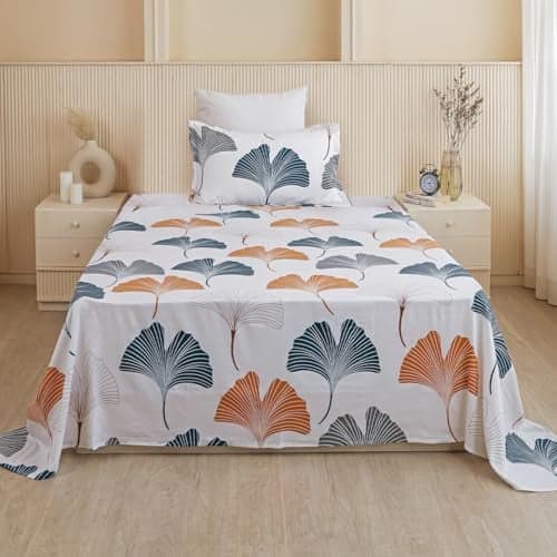 HOMEMONDE Cotton 210 TC Flat Bedsheet Soft Breathable Leaf Printed Single Bedsheets with 1 Regular 18 x 28 Size Pillow Cover, Mustard and Grey - 60 x 90 Inches | Perfect for Home Decor & Gifting
