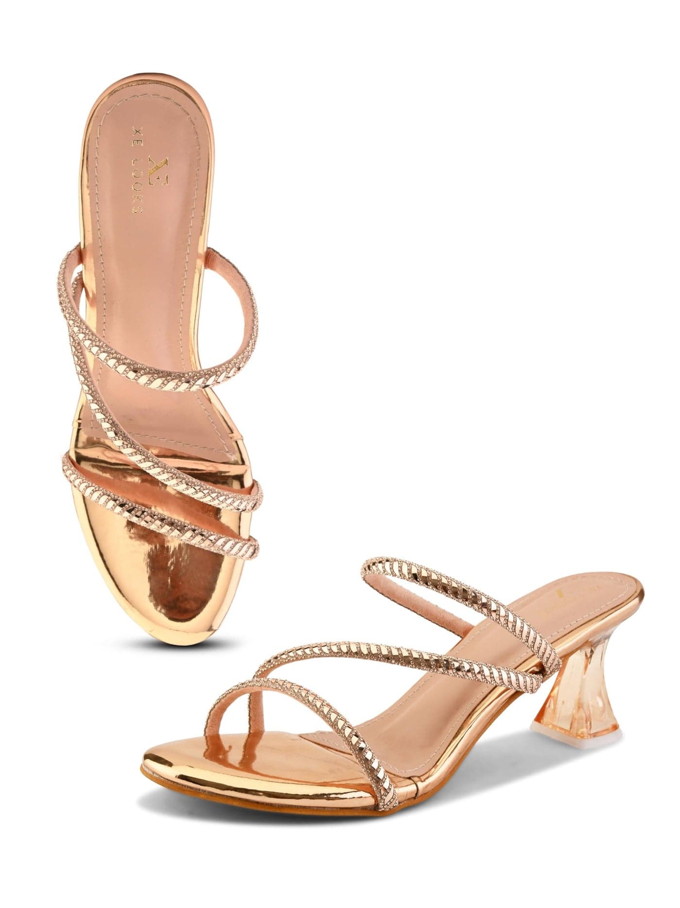 XE Looks Gold Heels for Women | Glossy Finish | Criss-Cross Silver Embellished Straps | Comfortable Block Heel Sandals for Girls