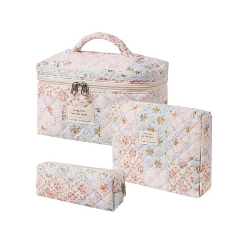 uekeboag 3Pcs Quilted Cotton Makeup BagCoquette Quilted Toiletry Bag for Women and GirlsFloral Coquette PouchCute Kawaii Travel Cosmetic Bags3Pcs pink flower