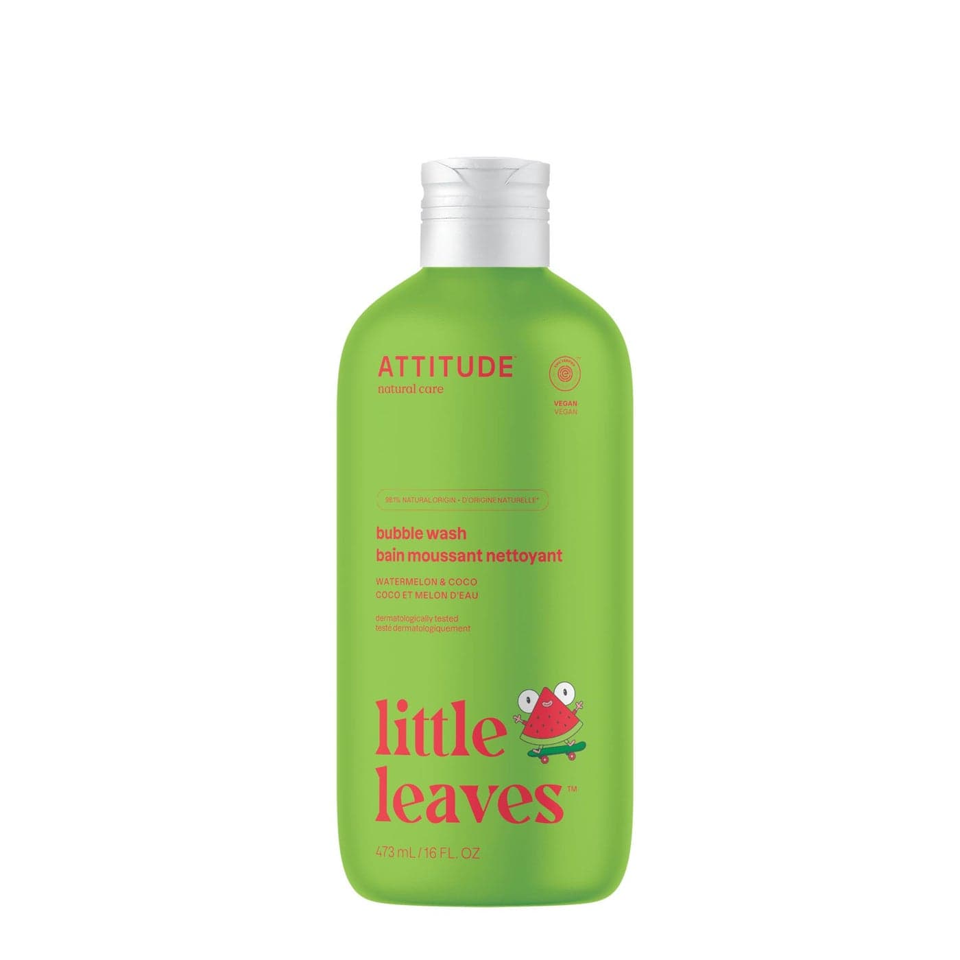 ATTITUDE Bubble Wash for Kids, EWG Verified Bubble Bath, Hair Shampoo and Body Soap, Dermatologically Tested, Plant- and Mineral-Based, Vegan, Watermelon & Coco, 16 Fl Oz