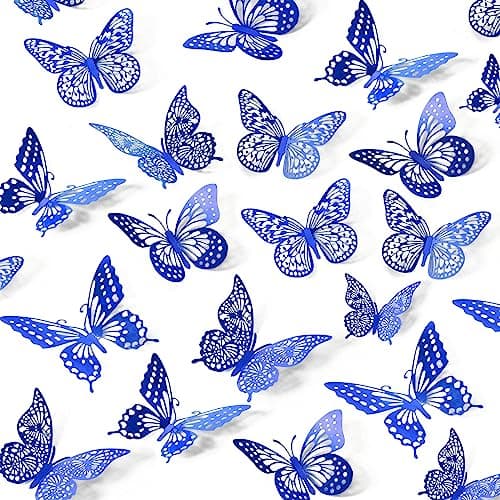 SAOROPEB Butterfly Wall Stickers, 48 Pcs 4 Styles 3 Sizes, Metallic Paper, Removable, Navy Blue, Art Deco Decor for Wall