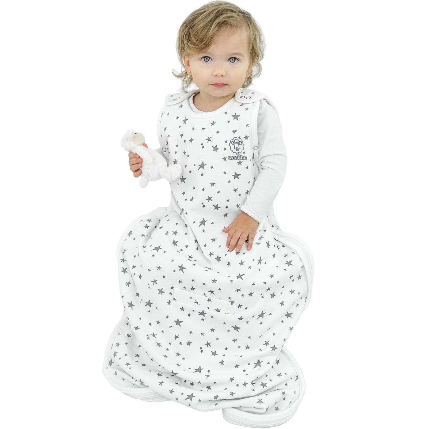 Woolino 4 Season Ultimate Baby Sleeping Bag Merino Wool and Organic Cotton Universal Size Adjustable Sleep Sack for Baby TwoWay Zipper Sleeping Bag 224 Months Stars White
