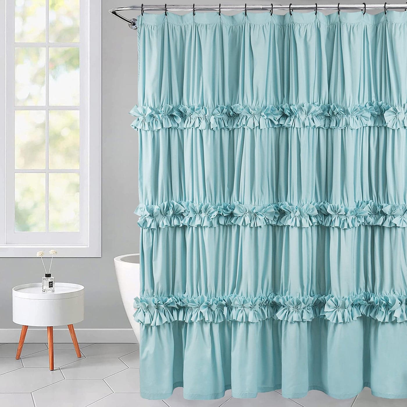 Homechoice Decor Spa Blue Ruffle Shower Curtain Vintage Handcrafted Bow Tie Bath Curtain for Master Bathroom Ruched Microfiber Bathroom Curtain with 12 Buttonholes 72 W x 72 H LQ10