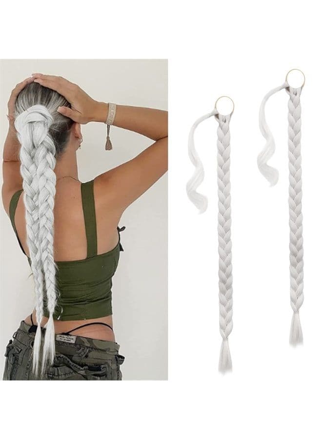 2PCs 30 Inch Long Braided Ponytail Extension with Hair Tie Straight Wrap Around Hair Extensions Pony Tail DIY Natural Soft Synthetic Hair Piece for Women Girls-Ash White