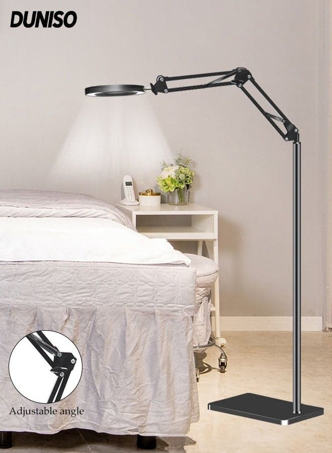 LED Magnifying Glass Floor Lamp,3 Dimming Modes,USB ,10.5X Glass Lens,Professional Handsfree Magnifier Lamp with Clamp,Swivel Arm Perfect for Beauty Nail Art and Tattoos ,Black