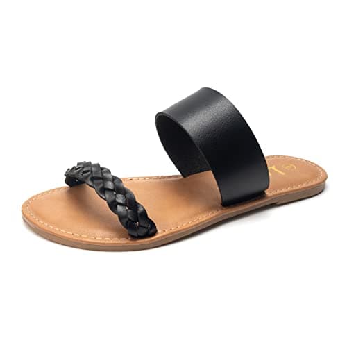 LM Women's Braided Slide Sandals Open Toe Two Strap Slip On Flat Sandals Casual Summer Shoes (8, Black)