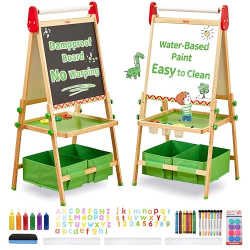 FUNLIO AntiWarping Kids Art Easel 3 Height Adjustable for Kids Aged 28 AllinOne Toddler Easel with Paper Roll Erasable Frame Standing Easel with Magnetic ChalkboardWhiteboard Green