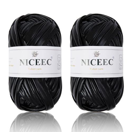 NICEEC 2 Skeins Metal T-Shirt Yarn, Bright, Glossy, Crochet & Knitting, Fabric Cloth Yarn with Single-Side Color, Handmade DIY Craft Bag Basket Cushion-Totle Length 64yds(7.1oz) - Black