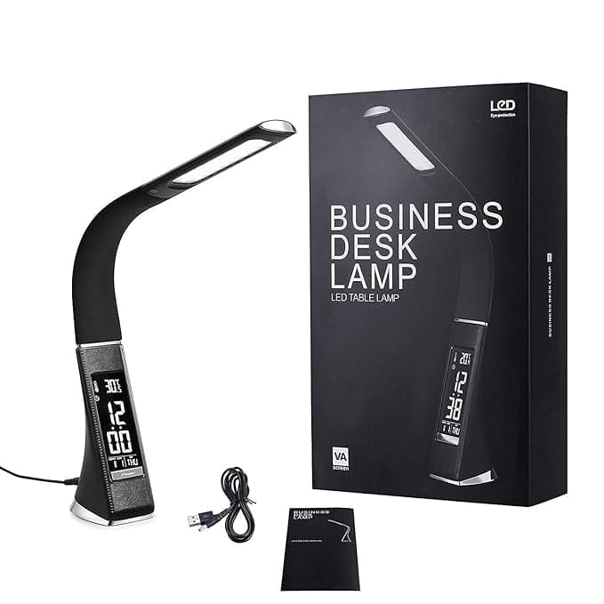 Scaroal Portable Business Desk Light EyeCaring Table Lamp Office Study Desk Table with Children Eye Protection Switch Calendar Thermometer Time Alarm Clock Touch Control USB Touch Switch