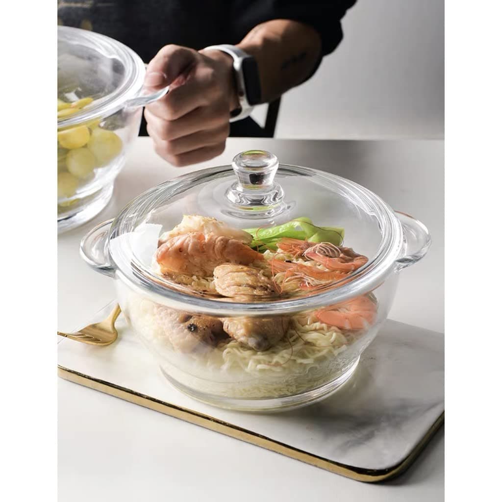 MIVANA 1500 ML Glass Casserole Deep Round Oven and Microwave Safe Serving Bowl with Glass Lid 2 Transparent