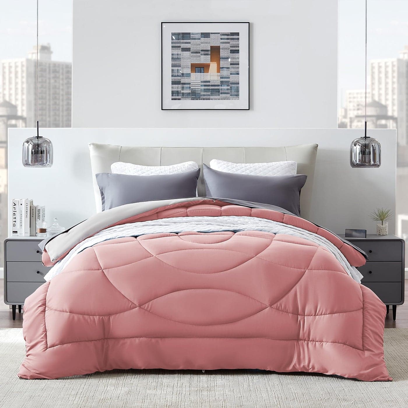 SLEEP ZONE Queen Comforter Duvet Insert Down Alternative Reversible Comforter Lightweight Soft and Breathable Bedding All Season A Side Pink B Side Grey