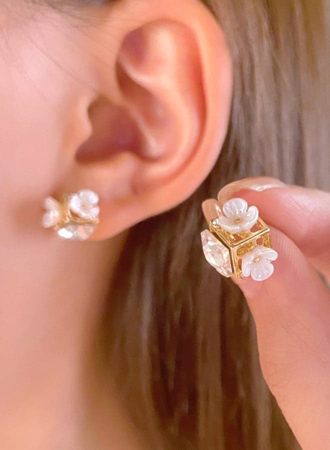 Gold Cube Flower Stud Earrings for Women, Hypoallergenic Fashion Accessories, Mother-of-Pearl Floral with Crystal Geometry, Daily Elegance, Ideal Gift
