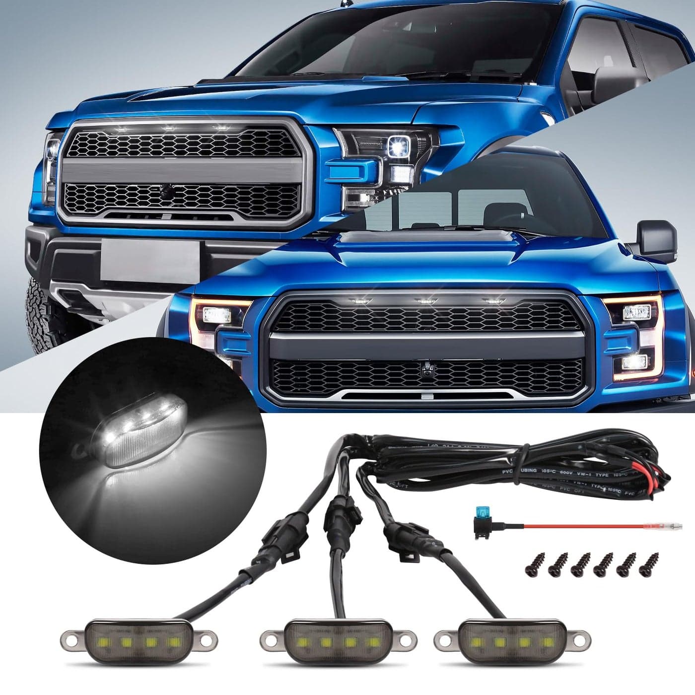 FICOLPO 3 Pcs Led Grill Lights Compatible with Raptor Style 20132018 Dodge Ram 1500 20042019 F150 LED Front Grille Lights Accessories with Fuse Harness White Light
