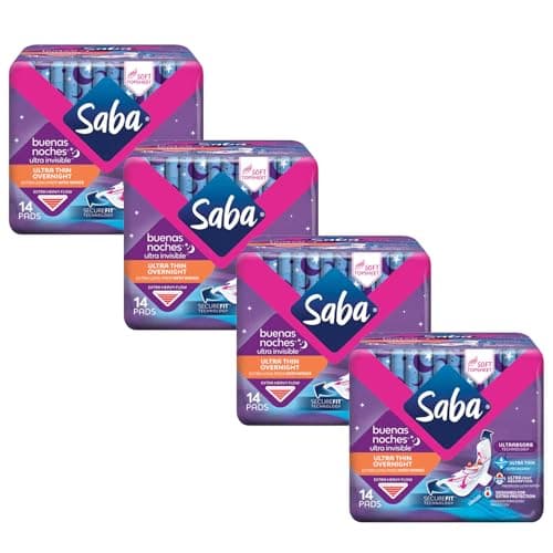 SABA Ultra Invisible Ultra Thin Night Pads with Wings Overnight Heavy Absorbency 4Pack of 14 Pads 56 Count