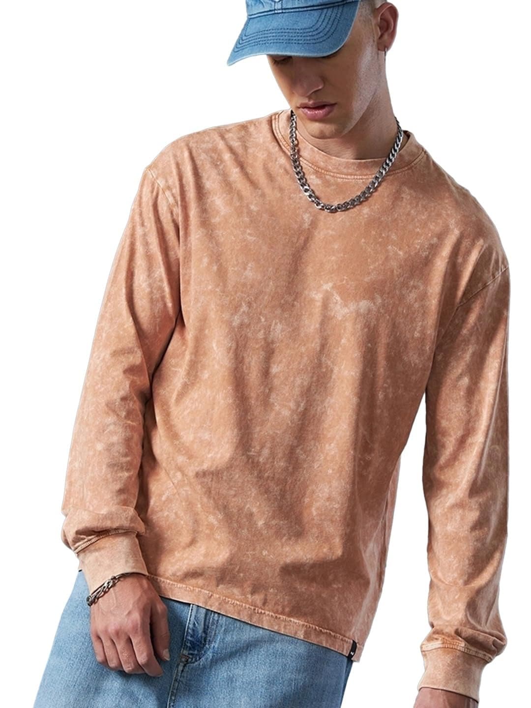 Bewakoof Men's Self Design Oversized Fit Full Sleeve Round Neck Cotton Jersey Acid Wash T-Shirt_624629_Orange_L