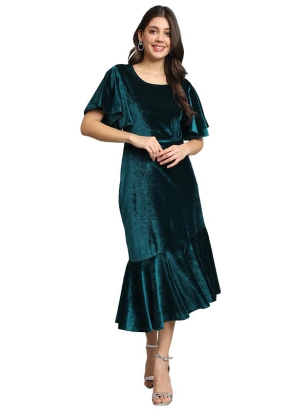 Vaararo Bodycon Party Midi Dress for Women | Shiny Velvet Fabric Fish Cut Ruffle Bottom Detailing Stylish Outfit Rama Green XXX-Large
