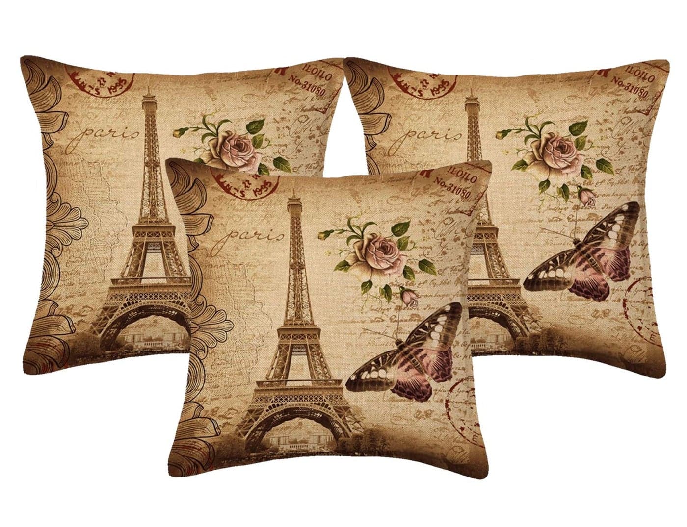 Kuber Industries Eiffel Tower 3 Piece Jute Cushion Cover - 16"x16", Brown, (Model: CTKTC02665)