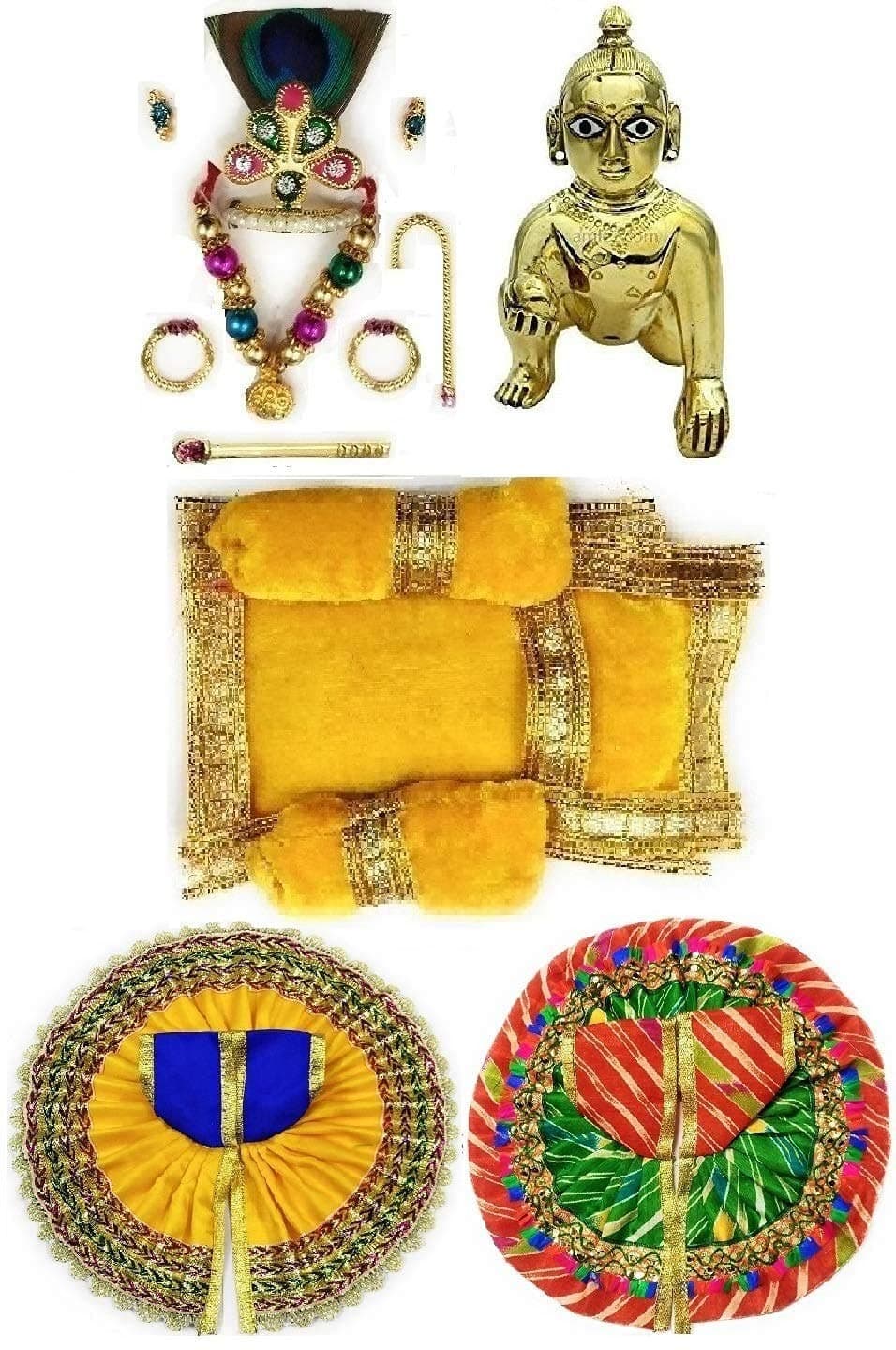 A&S Ventures Laddu Gopal Murti (Brass Idol) with Shringar Set of Mukut, Mala, Bansuri, Asan and 2 Dresses for God Krishna (Ladoo Gopal Dress Combo) (1 no.)