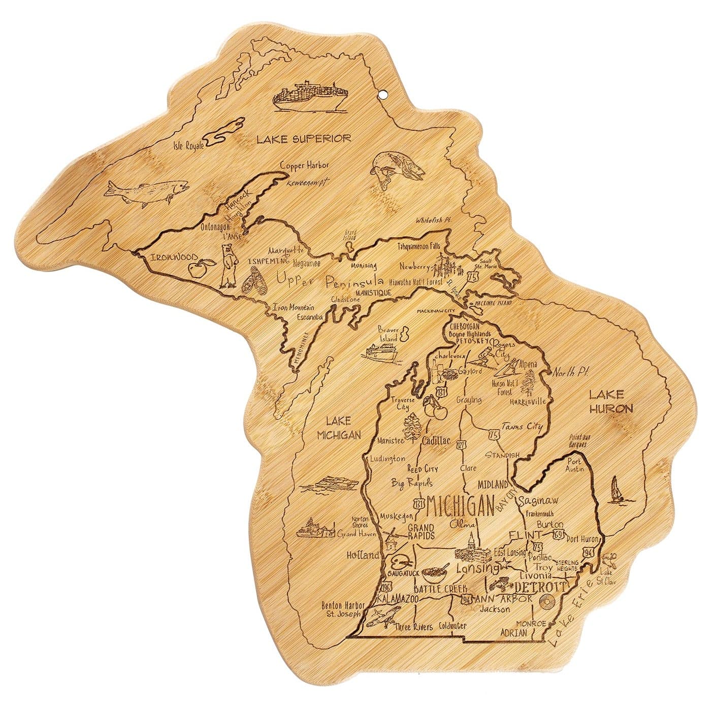 Totally Bamboo Destination Michigan State Shaped Serving and Cutting Board Includes Hang Tie for Wall Display