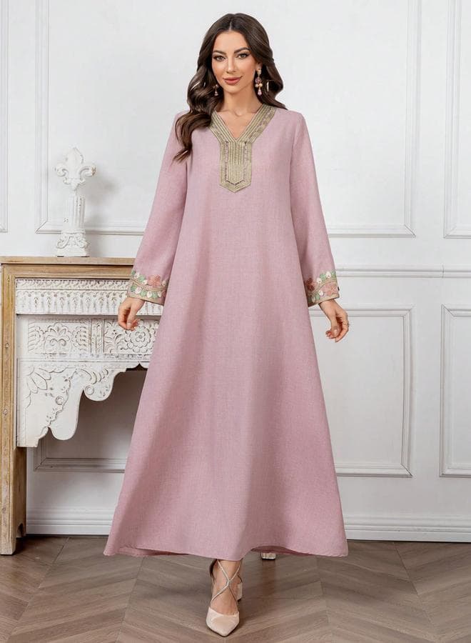 Embroidery Detail Long Sleeve Maxi Jalabiya