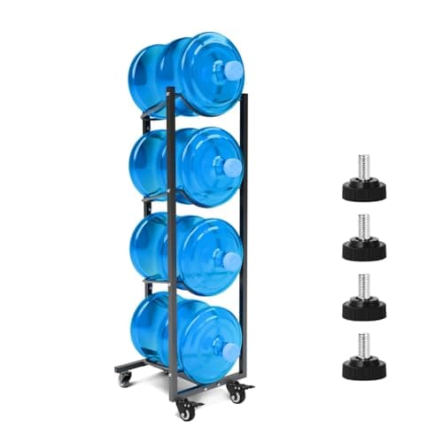 XXSJ 5 Gallon Water Jug Holder with 4 Wheels: 4 Tier Steel 5 Gal Water Bottle Storage Rack Stand for Home Kitchen Office Gym Garage