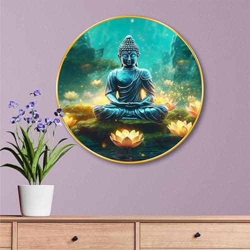 SAF Serene Buddha Round Wall Painting – Meditating Buddha with Lotus Flowers | Peaceful Spiritual Wall Art Décor in Golden Frame for Living Room Bedroom Meditation Room Office (16 X 16 Inch) GRM-276