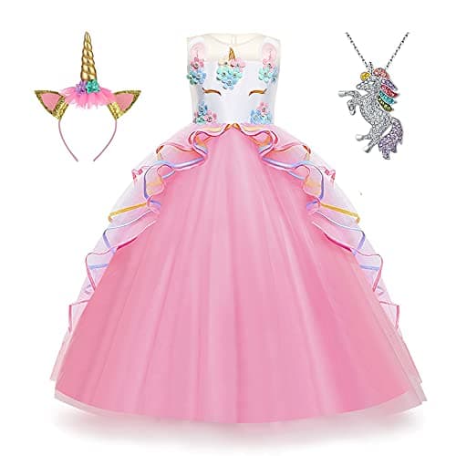 Yipkorra Unicorn Dress for Girls Unicorn Costume Pageant Princess Party Birthday Long Gown with Unicorn Headband & Necklace (Pink, 120 4-5 Years)