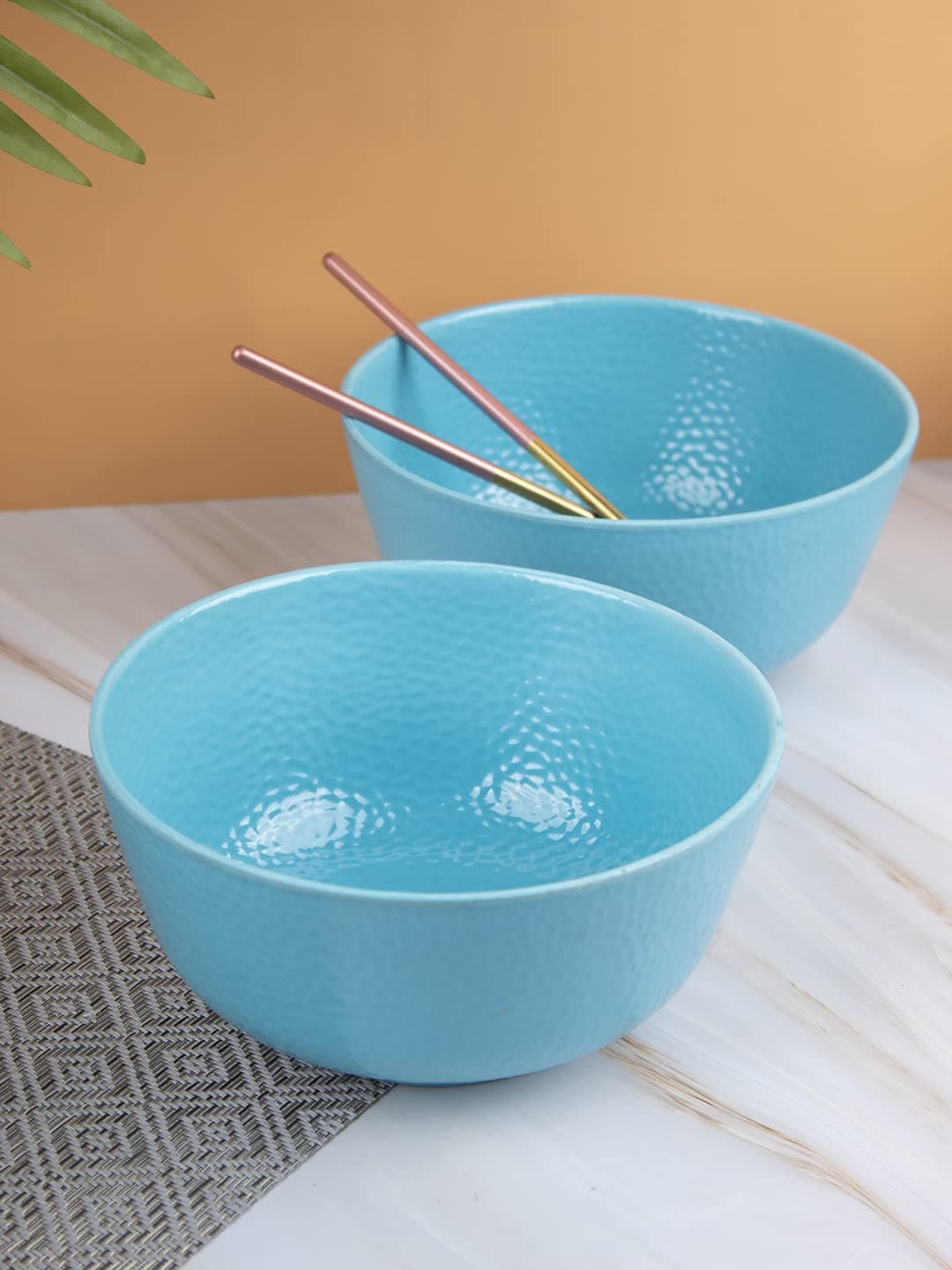 MARKET 99 Turquoise Melamine Round Shape Hammered Serving Bowls Set of 2 (1300ml) | Dinnerware Set for Kitchen Decor and Dining Area for Your Beautiful Home