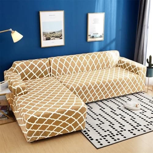 Gifts Island® Universal Sectional 180 GSM Sofa Covers L - Shape Slipcover 2pcs Non-Slip Sticky Elastic Stretchable L-Type Chaise Slipcover Protector, Beige Diamond