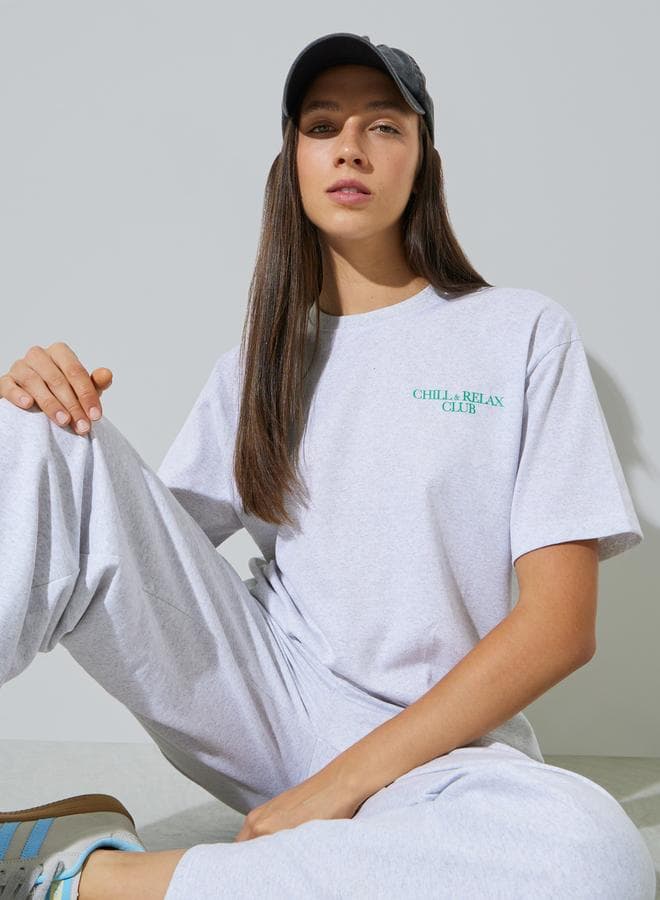 Grey Oversized Slogan Print Cotton Blend T-Shirt