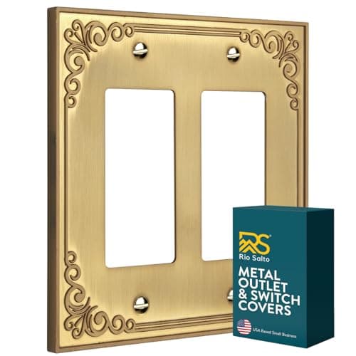 Rio Salto Rocker Light Switch Cover Plate 2 Gang Double Rocker Decorator Paddle GFCI Outlet Covers Brushed Brass Gold Metal — Palazzo Collection, Midsize 5.00" X 5.00"