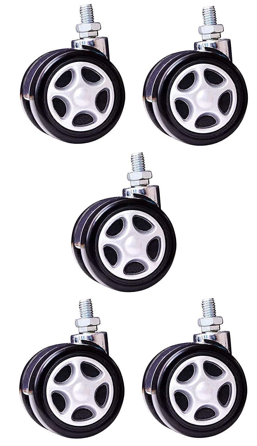Yathart Heavy Duty Alloy Thread Twin Caster Wheels Tyres Suitable for All Office ChairsRevolving Chair Chrome and Black Set of 5