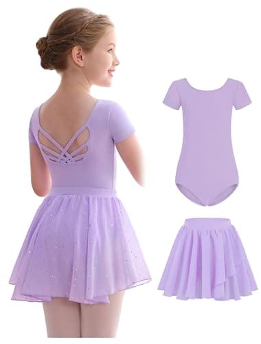 MdnMd Girls Ballet Leotards Skirt Combo Dance Dresses Little Kid Soft Removable Ballerina Short Sleeve Crisscross Hollow Back(Lavender Purple, 2-4 Years)