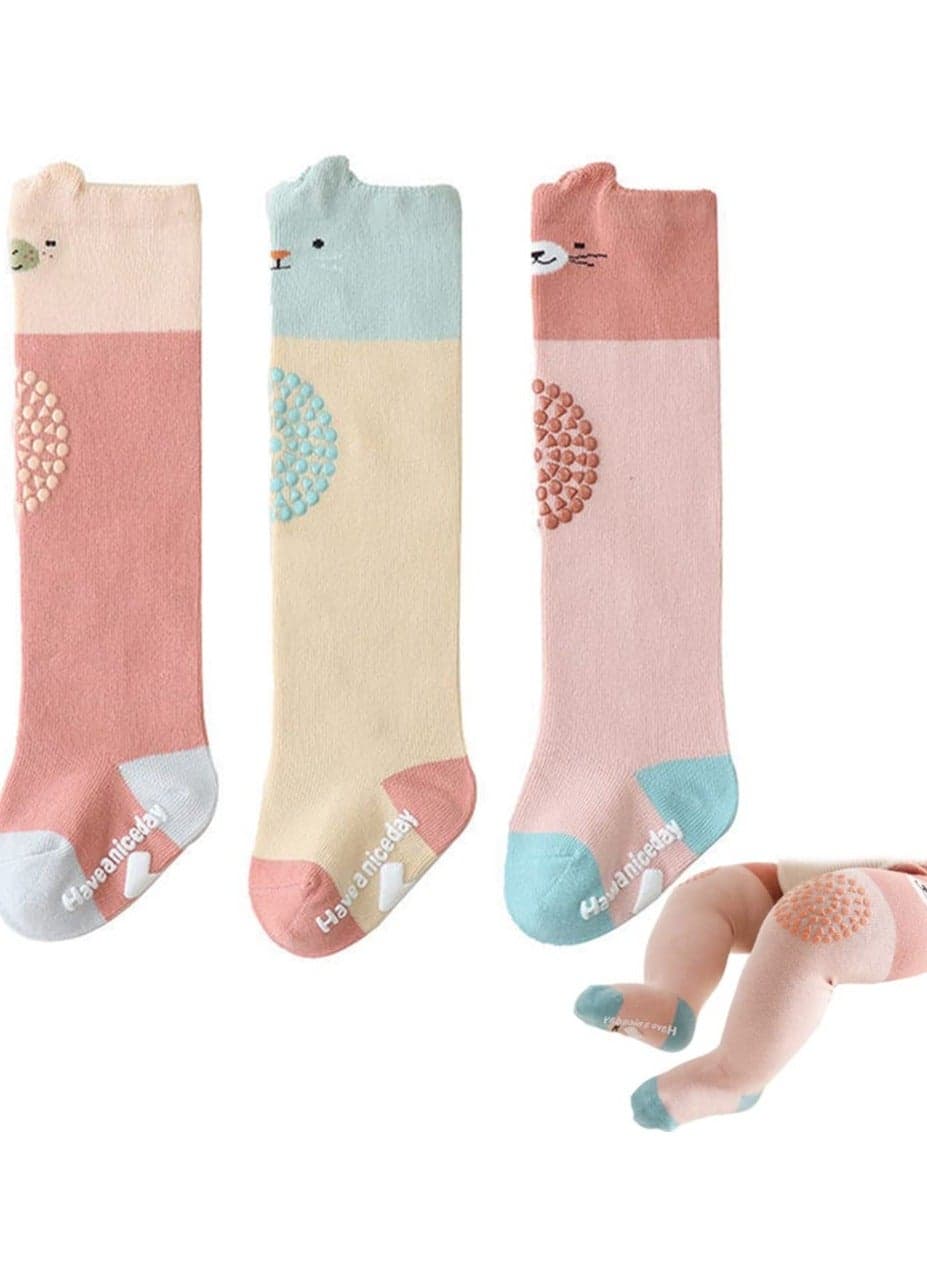 Baby Non Slip Socks for Crawling Walking 3 Pairs Toddler Knee High Socks, Infant and Newborn Stockings for Newborn Toddler Boy Girl, 6-12 Month, Pink