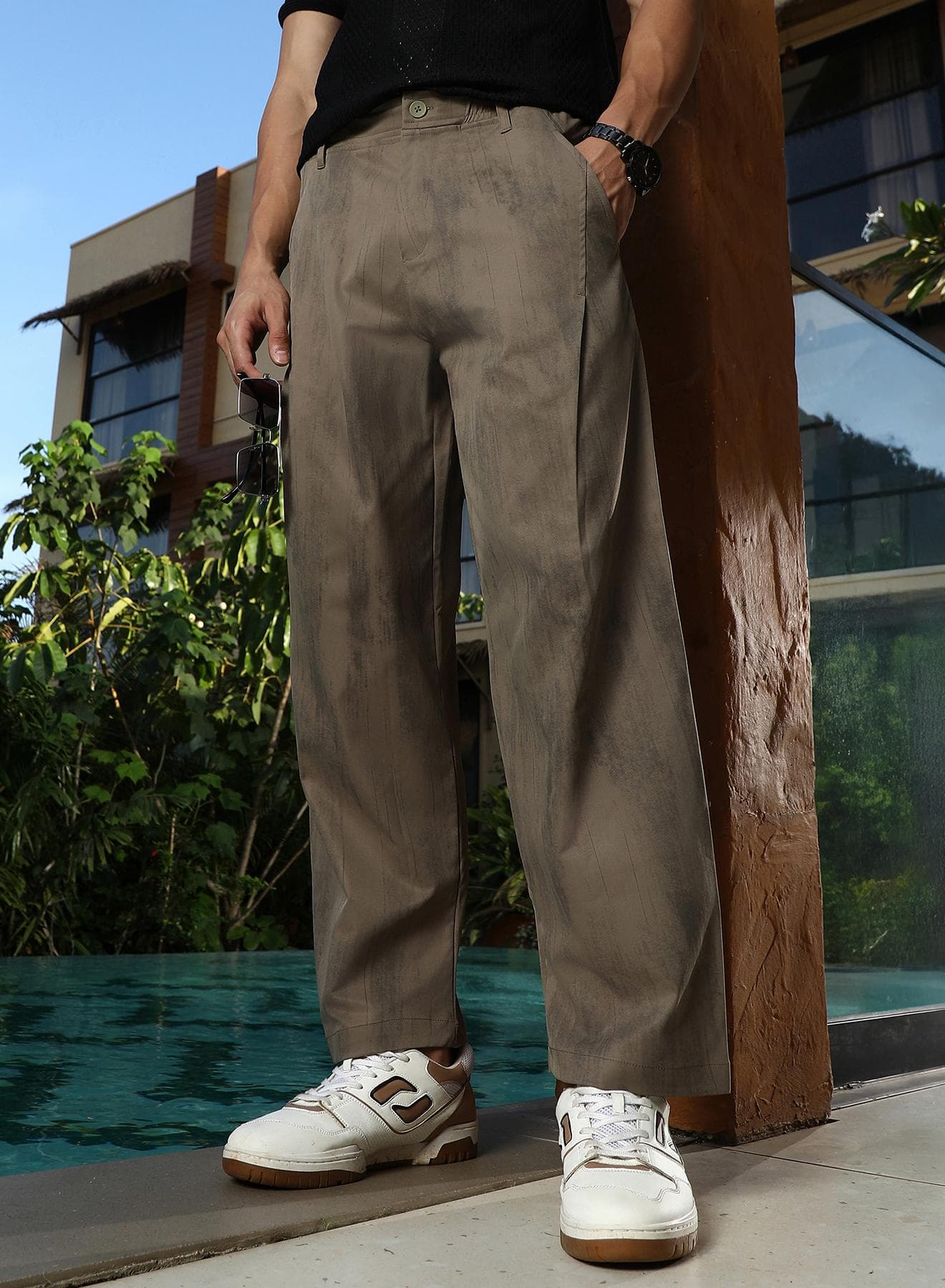 Men Grazed-Imprint Straight-Fit Trousers | Mid-Rise , Elasticated Waistband | Button , Straight Hem | Abstract Print Plain | Woven Fabric For Casual & Evening Wear | Coffee Brown